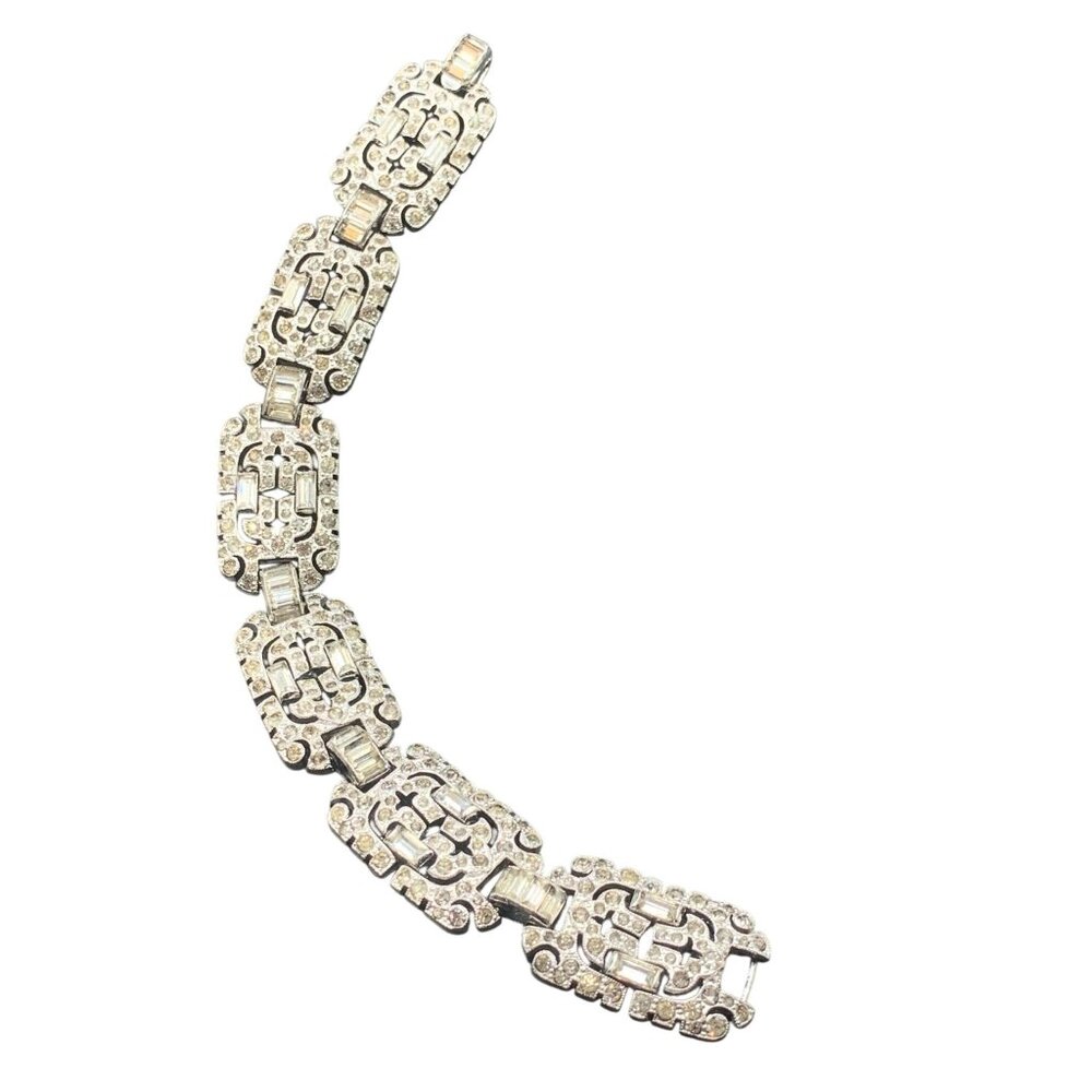KTF Trifari Signed Art Deco Bracelet Rhodium Plated Link Rhinestones Vintage